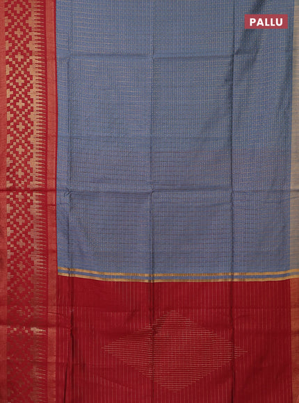 Semi dupion saree grey and maroon with allover zari checks & buttas and long zari woven border