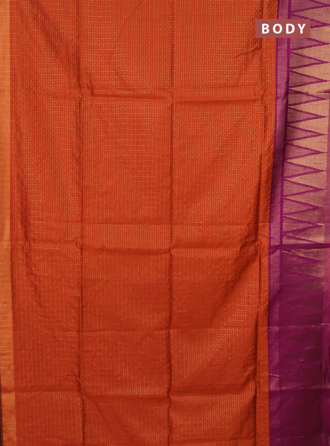 Semi dupion saree orange and purple with allover zari checks & buttas and long zari woven border