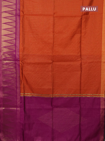 Semi dupion saree orange and purple with allover zari checks & buttas and long zari woven border