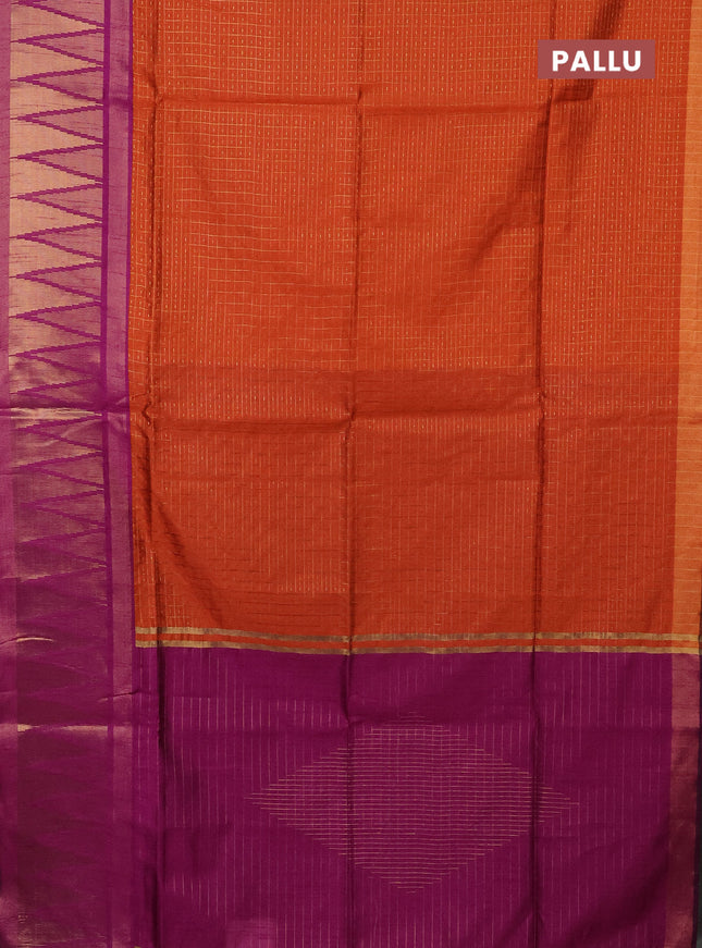 Semi dupion saree orange and purple with allover zari checks & buttas and long zari woven border