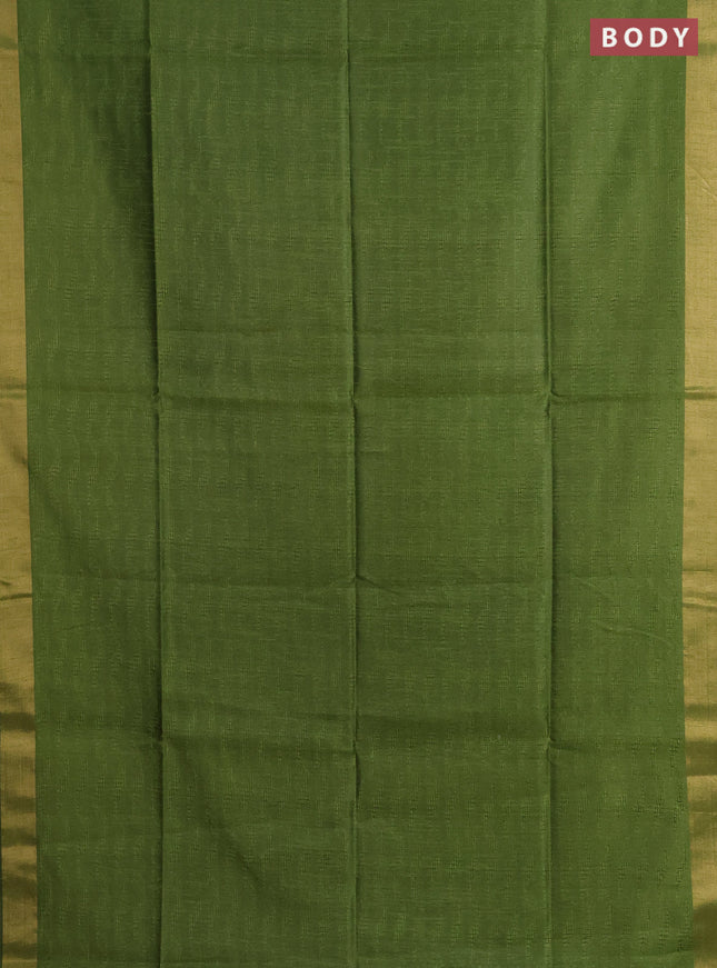 Semi dupion saree mehendi green and maroon with allover self emboss and zari woven border