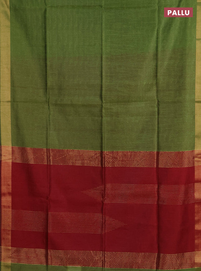 Semi dupion saree mehendi green and maroon with allover self emboss and zari woven border