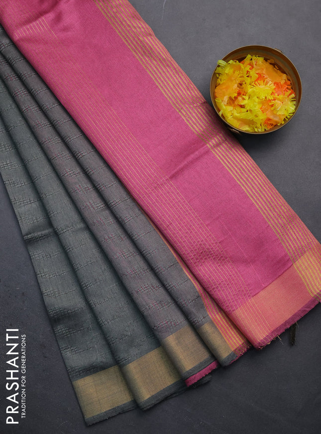 Semi dupion saree grey and light pink with allover self emboss and zari woven border