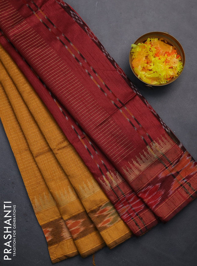 Semi dupion saree mustard yellow and maroon with allover zari weaves and temple design zari woven ikat border