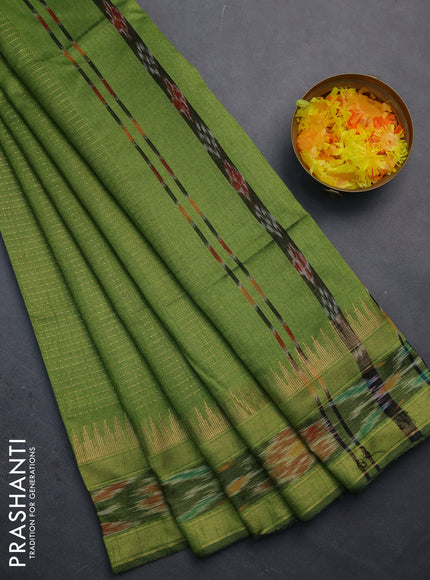 Semi dupion saree mehendi green with allover zari weaves and temple design zari woven ikat border