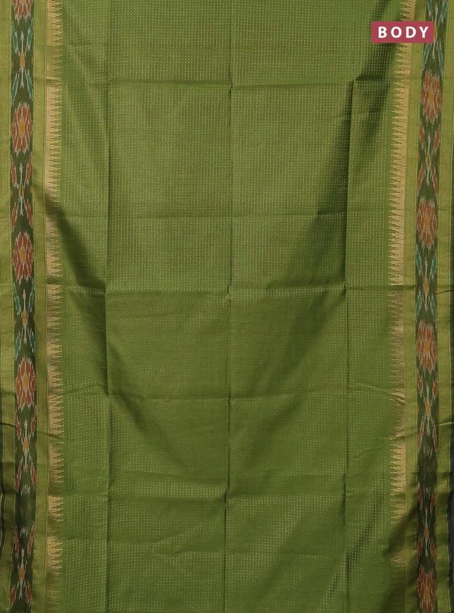 Semi dupion saree mehendi green with allover zari weaves and temple design zari woven ikat border
