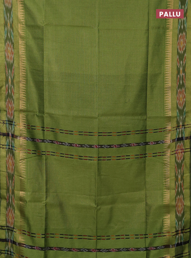 Semi dupion saree mehendi green with allover zari weaves and temple design zari woven ikat border