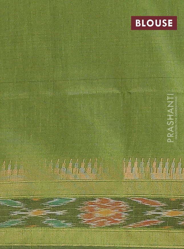 Semi dupion saree mehendi green with allover zari weaves and temple design zari woven ikat border