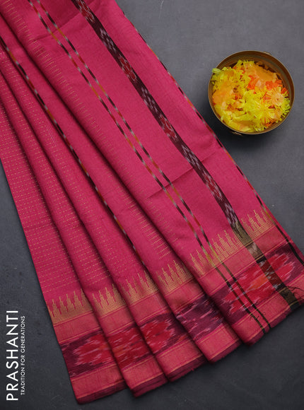 Semi dupion saree pink with allover zari weaves and temple design zari woven ikat border