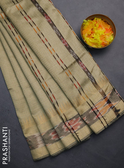 Semi dupion saree beige with allover zari weaves and temple design zari woven ikat border