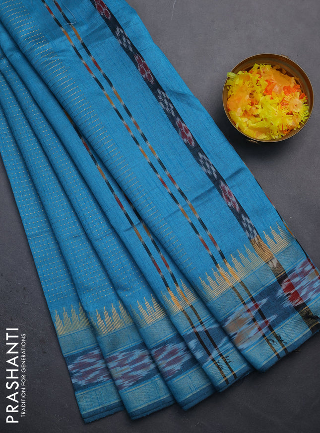 Semi dupion saree teal blue with allover zari weaves and temple design zari woven ikat border