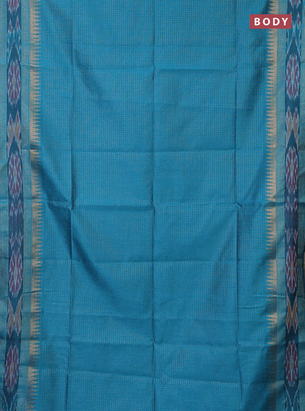 Semi dupion saree teal blue with allover zari weaves and temple design zari woven ikat border