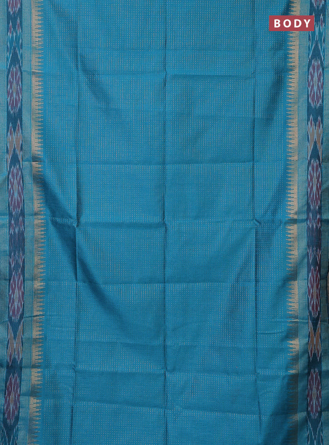 Semi dupion saree teal blue with allover zari weaves and temple design zari woven ikat border