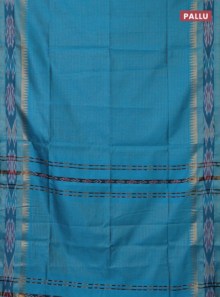 Semi dupion saree teal blue with allover zari weaves and temple design zari woven ikat border