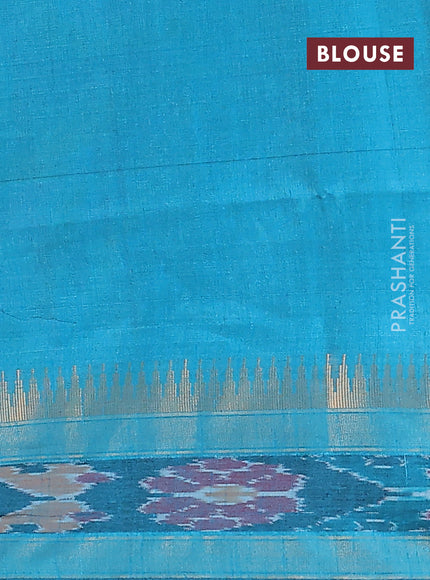 Semi dupion saree teal blue with allover zari weaves and temple design zari woven ikat border