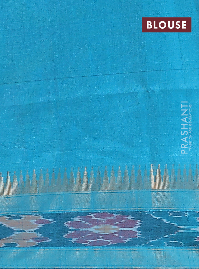 Semi dupion saree teal blue with allover zari weaves and temple design zari woven ikat border