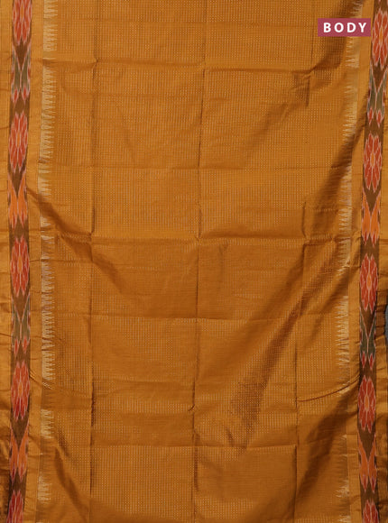 Semi dupion saree mustard yellow and maroon with allover zari weaves and temple design zari woven ikat border