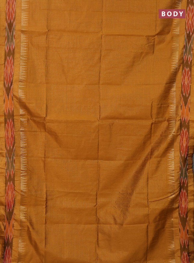 Semi dupion saree mustard yellow and maroon with allover zari weaves and temple design zari woven ikat border