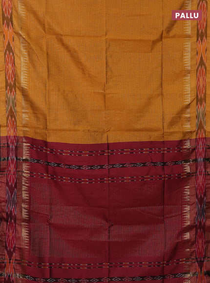 Semi dupion saree mustard yellow and maroon with allover zari weaves and temple design zari woven ikat border