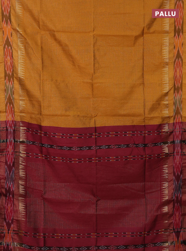 Semi dupion saree mustard yellow and maroon with allover zari weaves and temple design zari woven ikat border