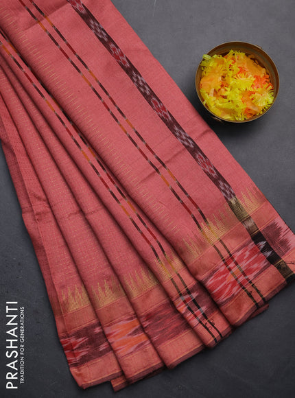 Semi dupion saree peach shade with allover zari weaves and temple design zari woven ikat border