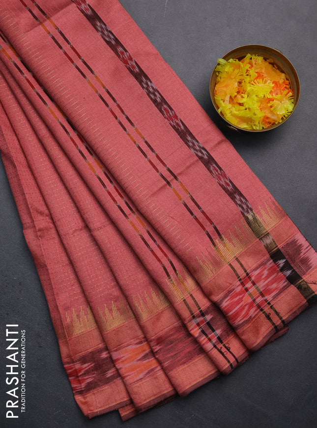 Semi dupion saree peach shade with allover zari weaves and temple design zari woven ikat border