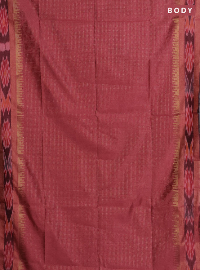 Semi dupion saree peach shade with allover zari weaves and temple design zari woven ikat border