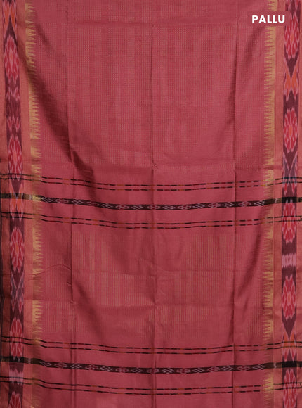 Semi dupion saree peach shade with allover zari weaves and temple design zari woven ikat border