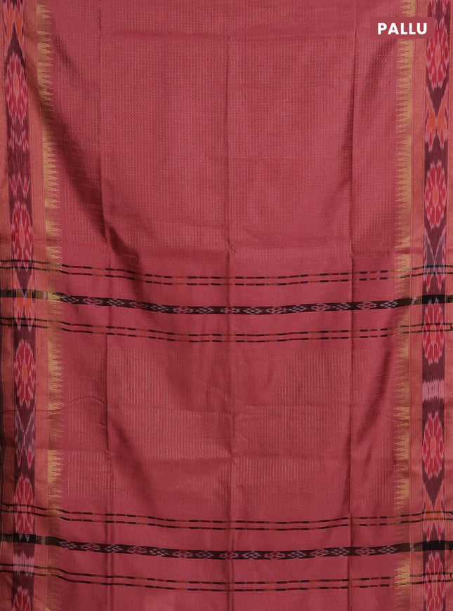 Semi dupion saree peach shade with allover zari weaves and temple design zari woven ikat border