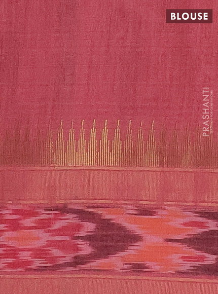 Semi dupion saree peach shade with allover zari weaves and temple design zari woven ikat border