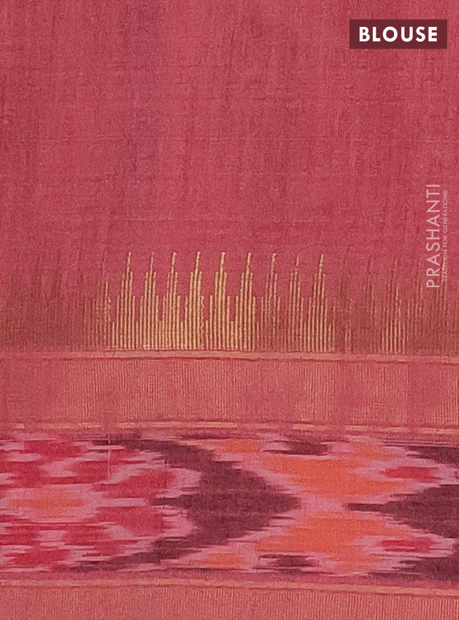 Semi dupion saree peach shade with allover zari weaves and temple design zari woven ikat border