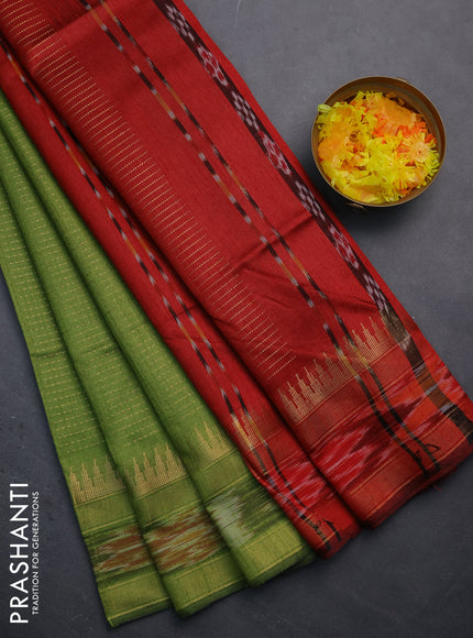 Semi dupion saree mehendi green and maroon with allover zari weaves and temple design zari woven ikat border