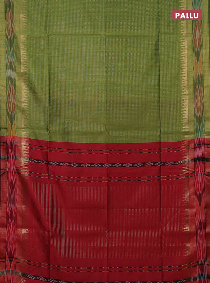 Semi dupion saree mehendi green and maroon with allover zari weaves and temple design zari woven ikat border