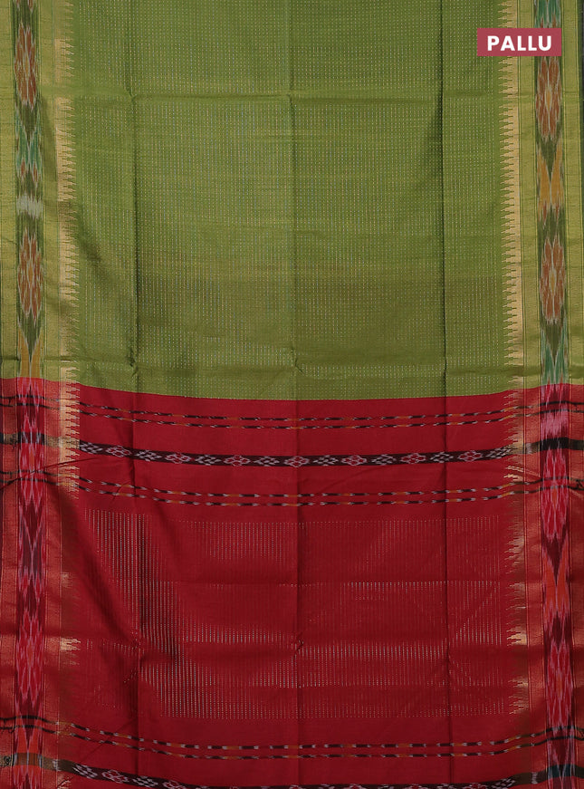 Semi dupion saree mehendi green and maroon with allover zari weaves and temple design zari woven ikat border