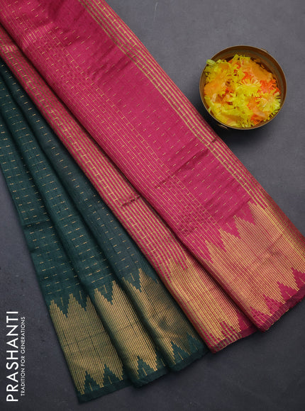 Semi dupion saree bottle green and pink with allover zari woven butta weaves and temple zari woven border