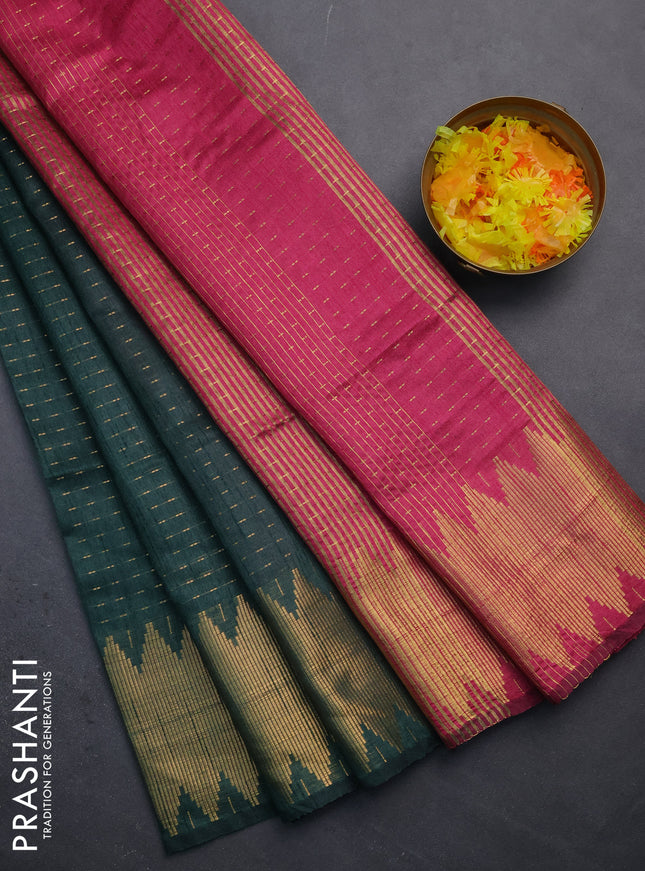 Semi dupion saree bottle green and pink with allover zari woven butta weaves and temple zari woven border