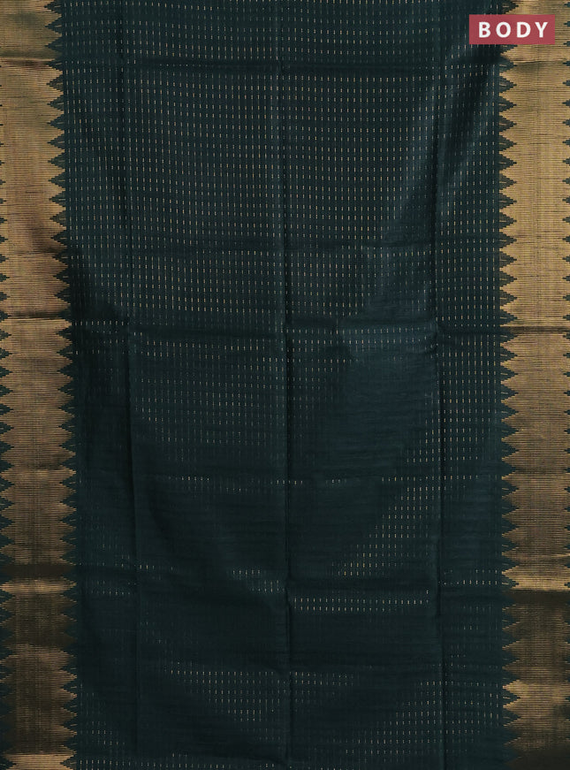 Semi dupion saree bottle green and pink with allover zari woven butta weaves and temple zari woven border