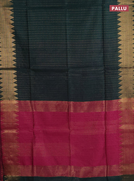 Semi dupion saree bottle green and pink with allover zari woven butta weaves and temple zari woven border