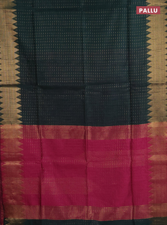 Semi dupion saree bottle green and pink with allover zari woven butta weaves and temple zari woven border