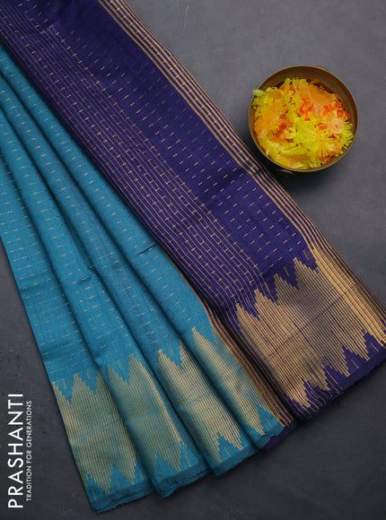 Semi dupion saree teal blue and navy blue with allover zari woven butta weaves and temple zari woven border