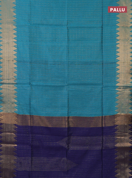 Semi dupion saree teal blue and navy blue with allover zari woven butta weaves and temple zari woven border