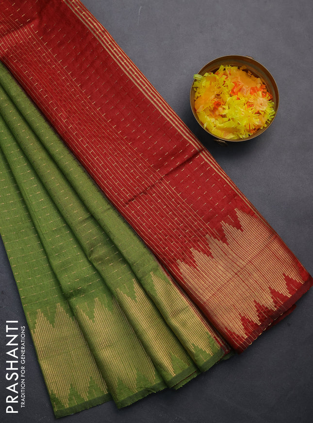 Semi dupion saree green and maroon with allover zari woven butta weaves and temple zari woven border