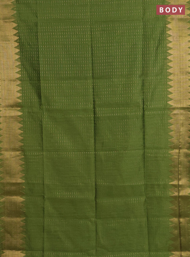 Semi dupion saree green and maroon with allover zari woven butta weaves and temple zari woven border