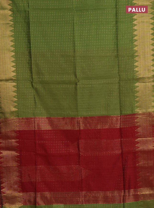 Semi dupion saree green and maroon with allover zari woven butta weaves and temple zari woven border