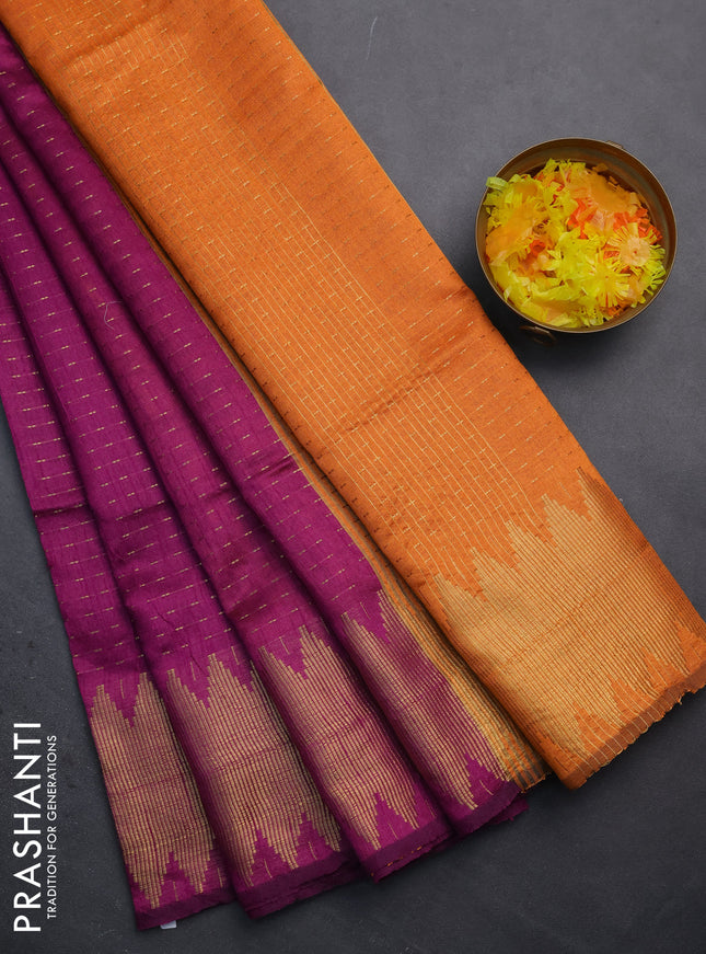 Semi dupion saree purple and orange with allover zari woven butta weaves and temple zari woven border