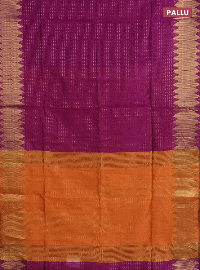 Semi dupion saree purple and orange with allover zari woven butta weaves and temple zari woven border