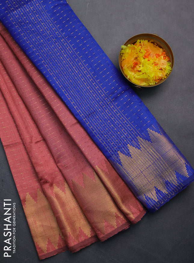 Semi dupion saree peach shade and blue with allover zari woven butta weaves and temple zari woven border