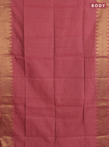 Semi dupion saree peach shade and blue with allover zari woven butta weaves and temple zari woven border