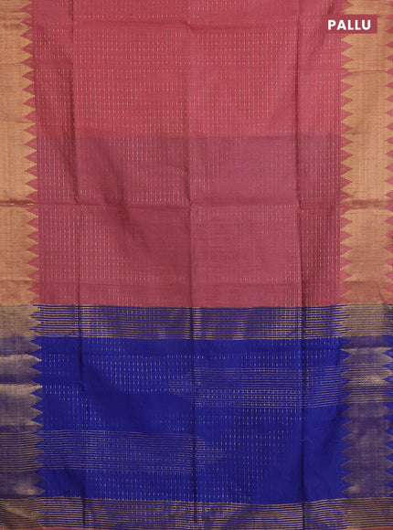 Semi dupion saree peach shade and blue with allover zari woven butta weaves and temple zari woven border