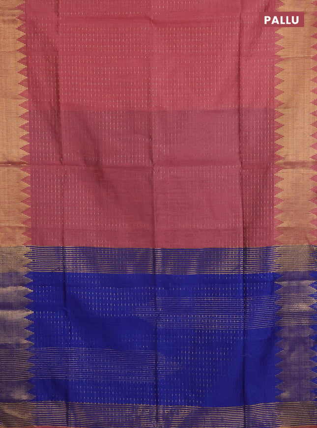 Semi dupion saree peach shade and blue with allover zari woven butta weaves and temple zari woven border